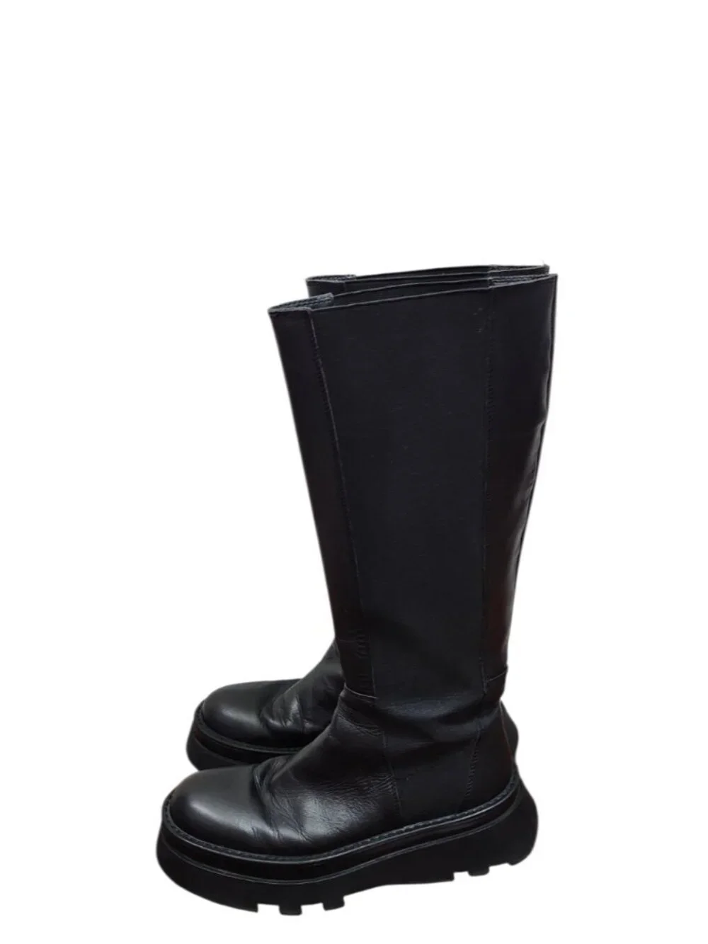 ZARA Black Leather Knee High Boots Chunky Platform Lug Sole Pull On Women Sze 41